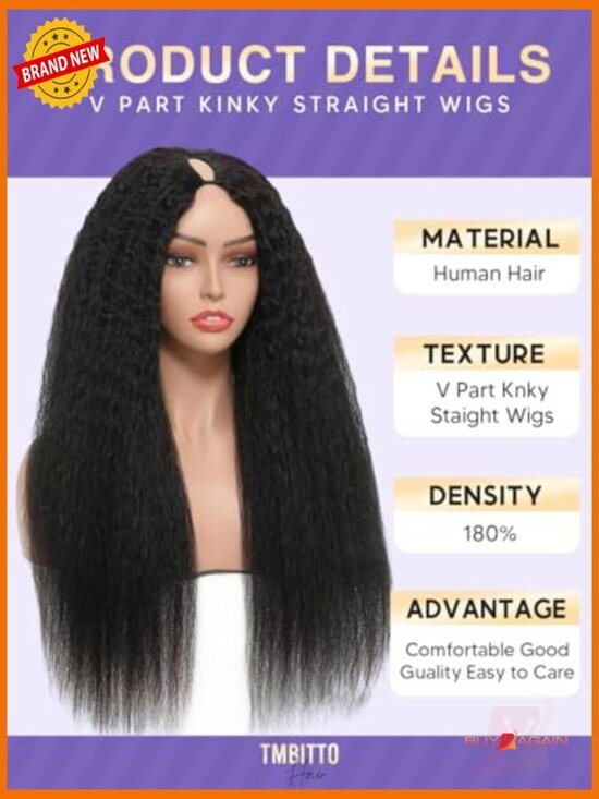 Kinky Straight V Part Wig Human Hair 180% Density Glueless Wig 20 Inch main image 6